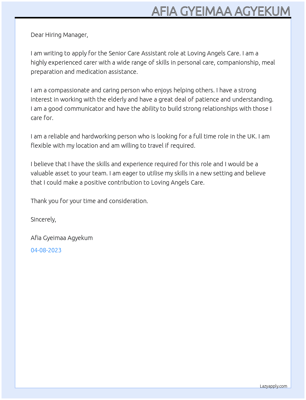 Senior Care Assistant  At Loving Angels Care Cover Letter