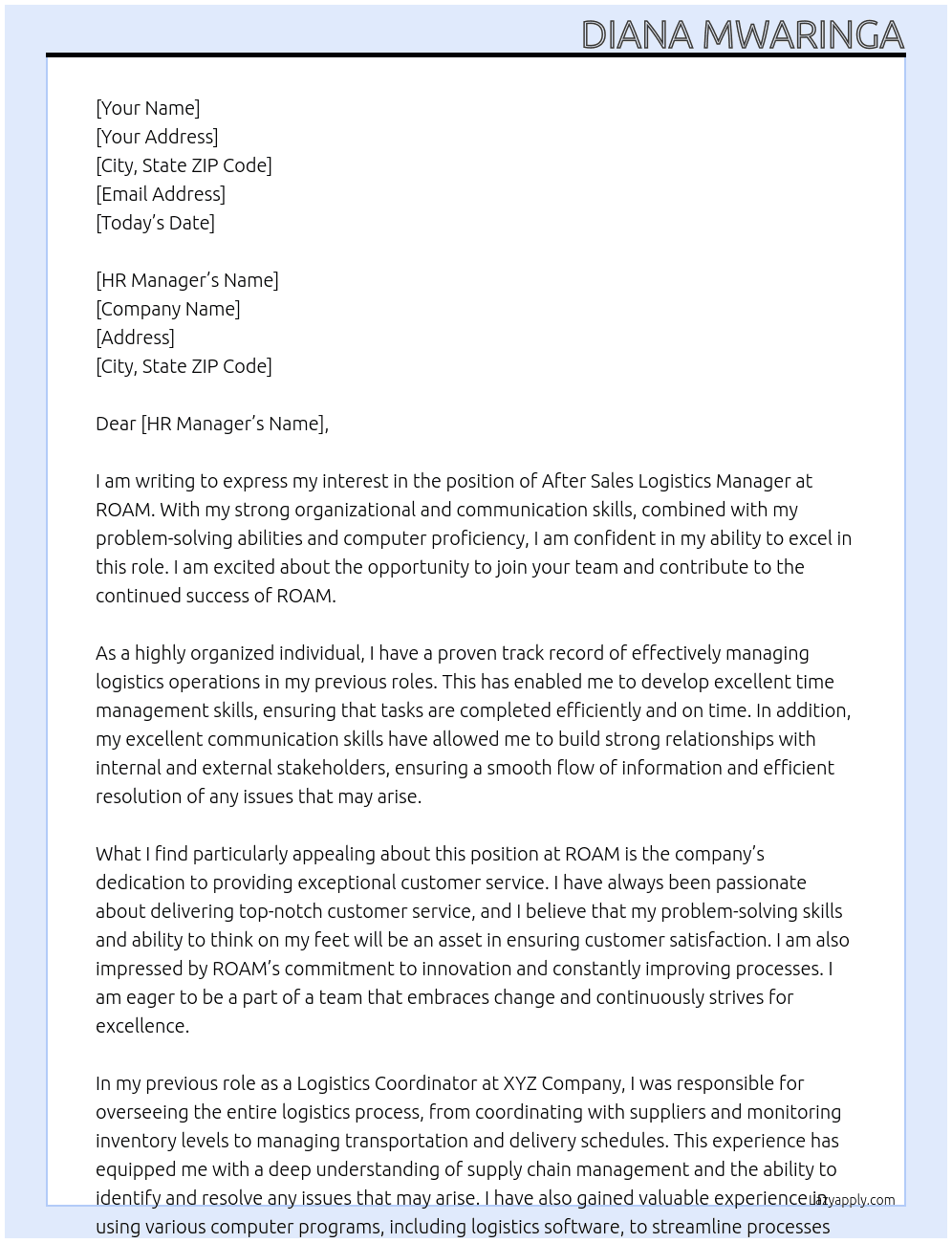 After Sales Logistics Manager At ROAM Cover Letter