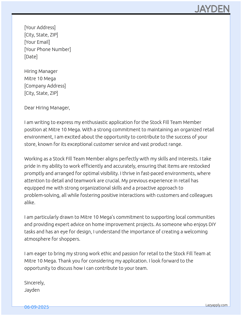 Stock Fill Team Member At Mitre ten mega Cover Letter