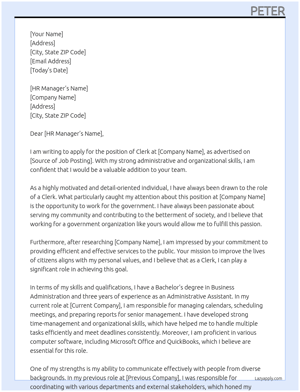 clerk At Governement  Cover Letter