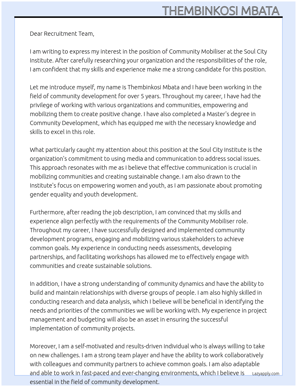 Community Mobiliser At Soul City Institute  Cover Letter