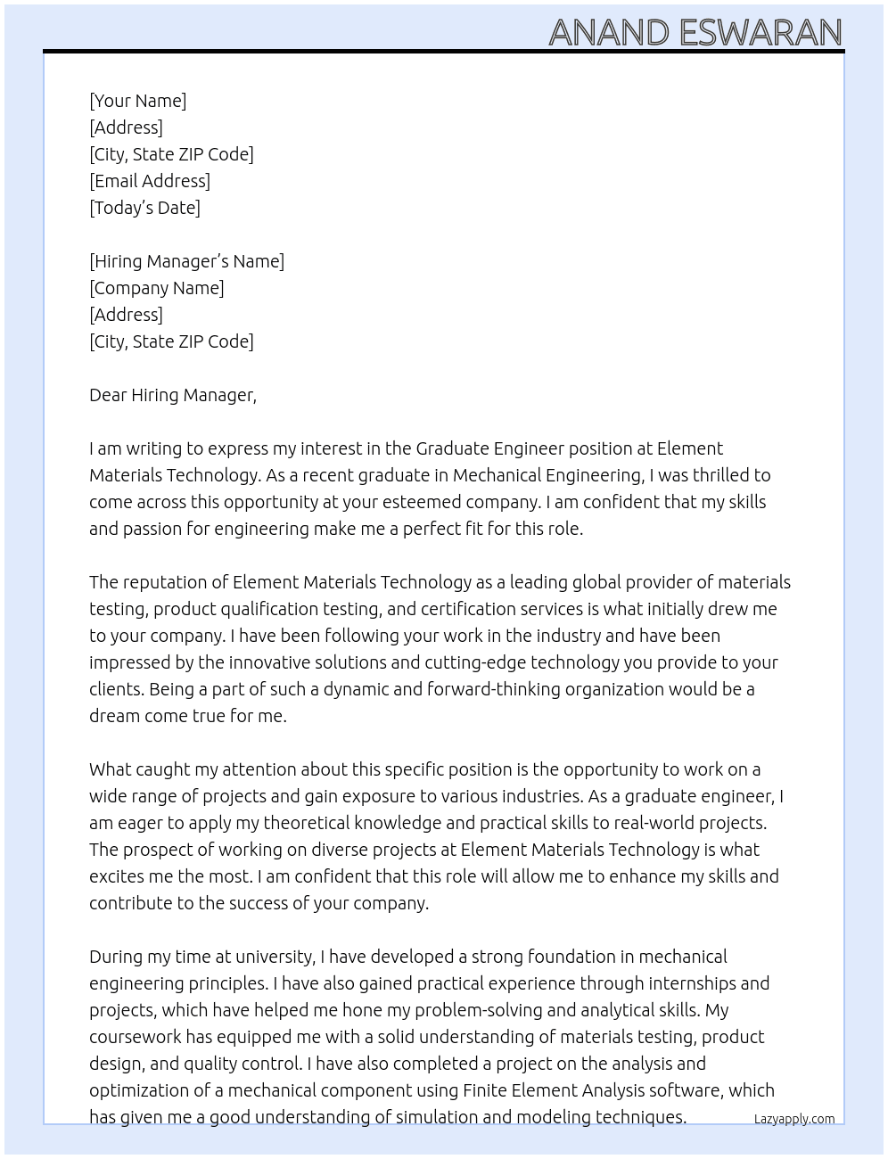 Graduate Engineer At element materials technology Cover Letter