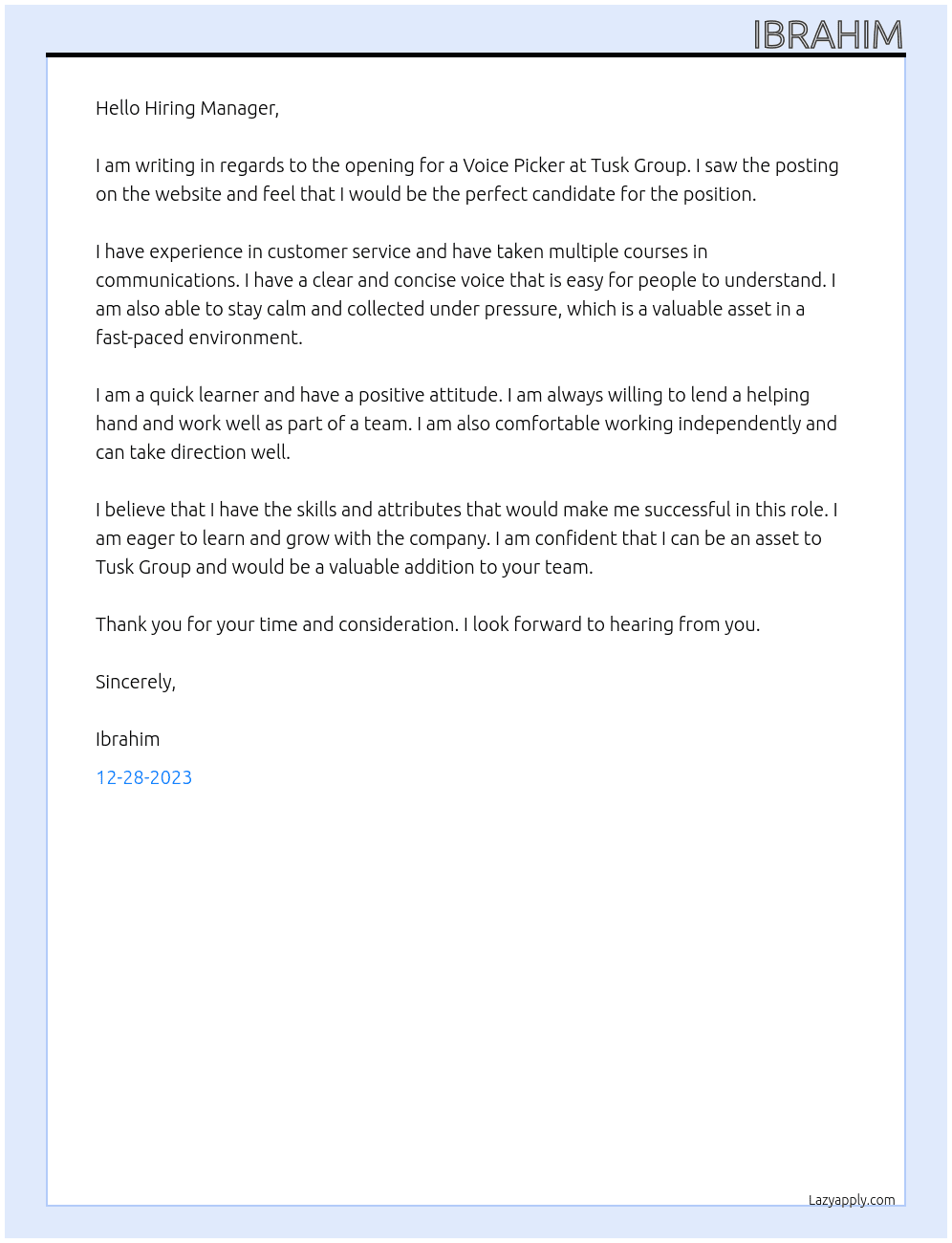 Voice Picker  At Tusk Group Cover Letter