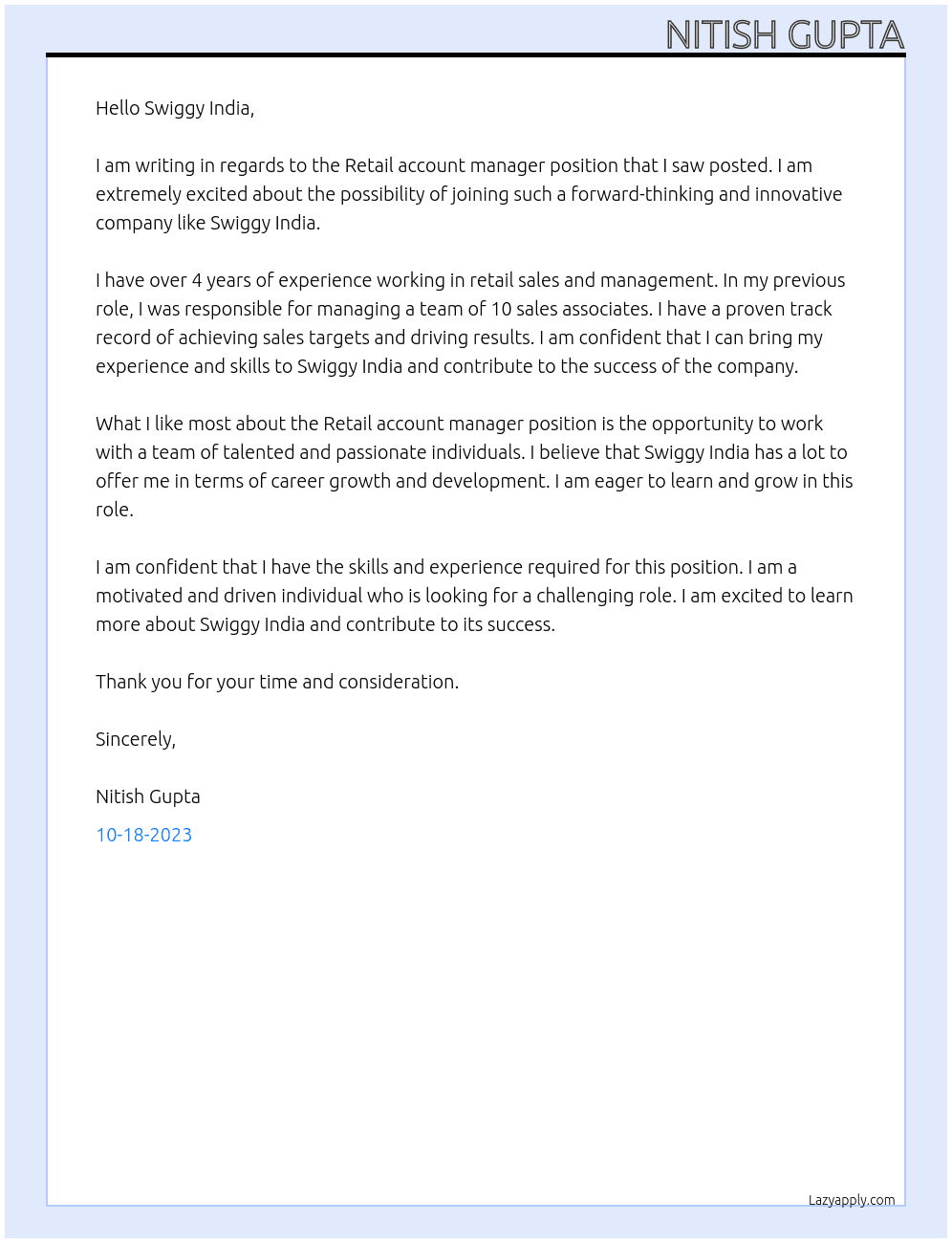  Retail   At swiggy india  Cover Letter
