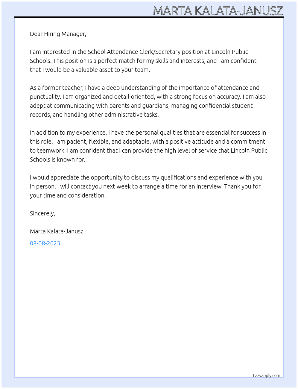 School Attendance Clerk/Secretary  At Lincoln Public Schooks  Cover Letter