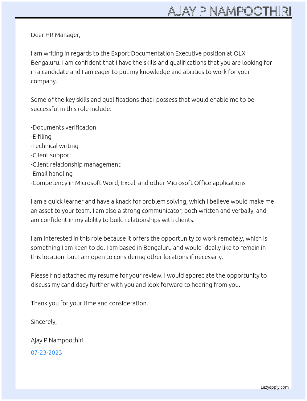 OLX export Documentation executive At OLX Cover Letter