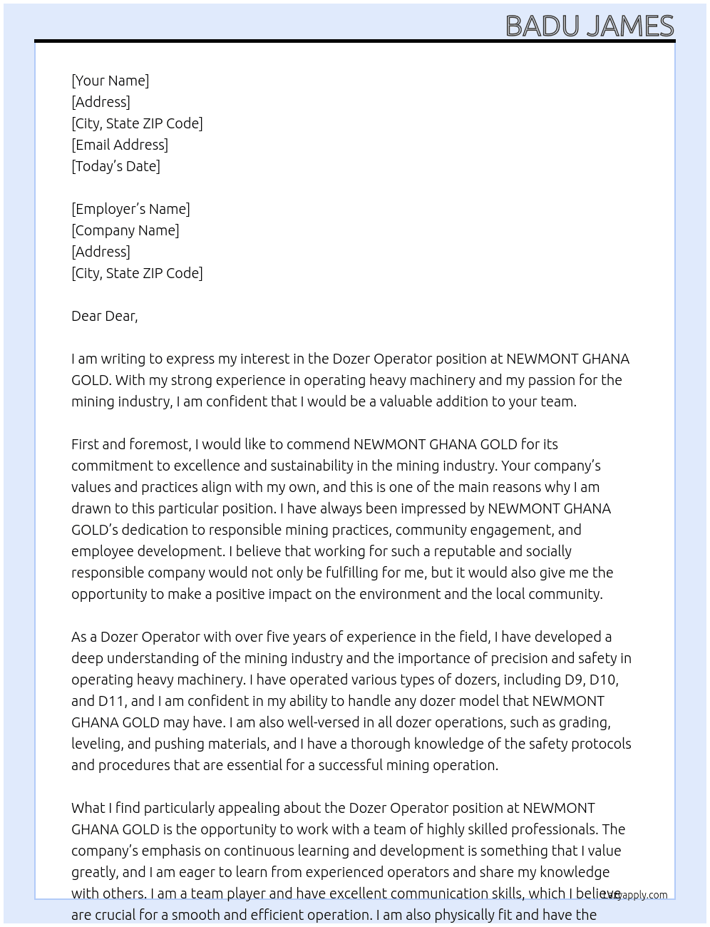 Dozer Operator At NEWMONT GHANA GOLD Cover Letter