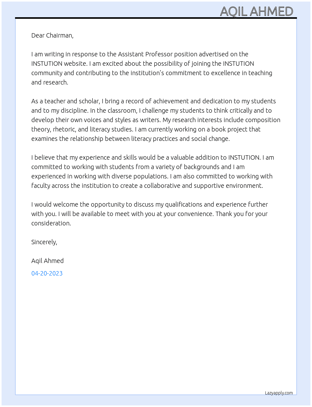 ASSISTANT PROFESSOR At INSTUTION Cover Letter