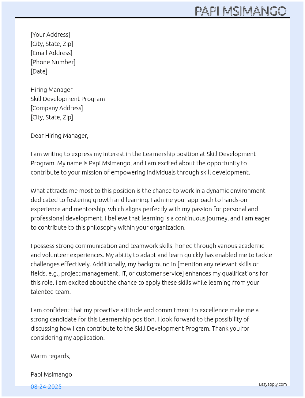 Learnership At Skill development Program Cover Letter