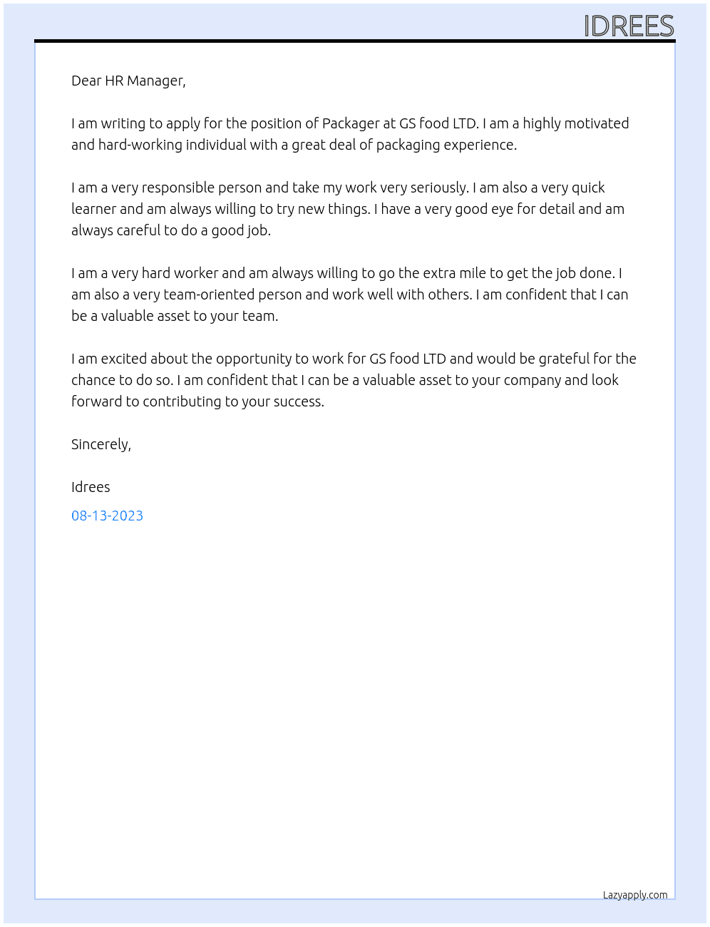 Packager At GS food LTD Cover Letter