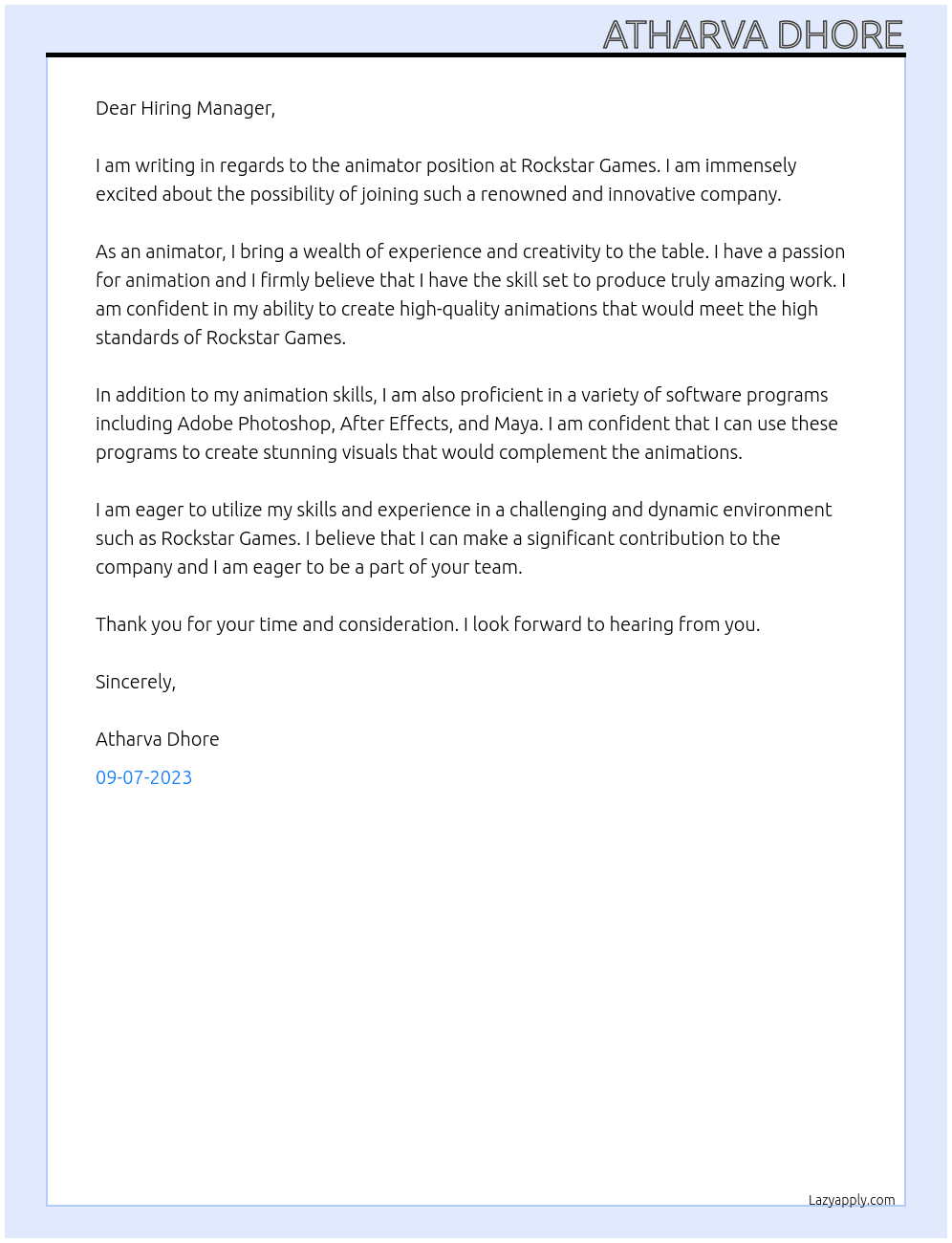 Animator  At Rockstar games  Cover Letter