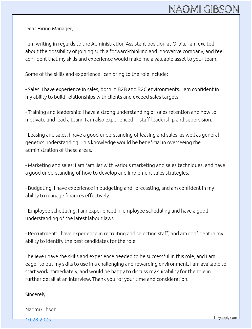 Administration Assistant At Orbia Cover Letter