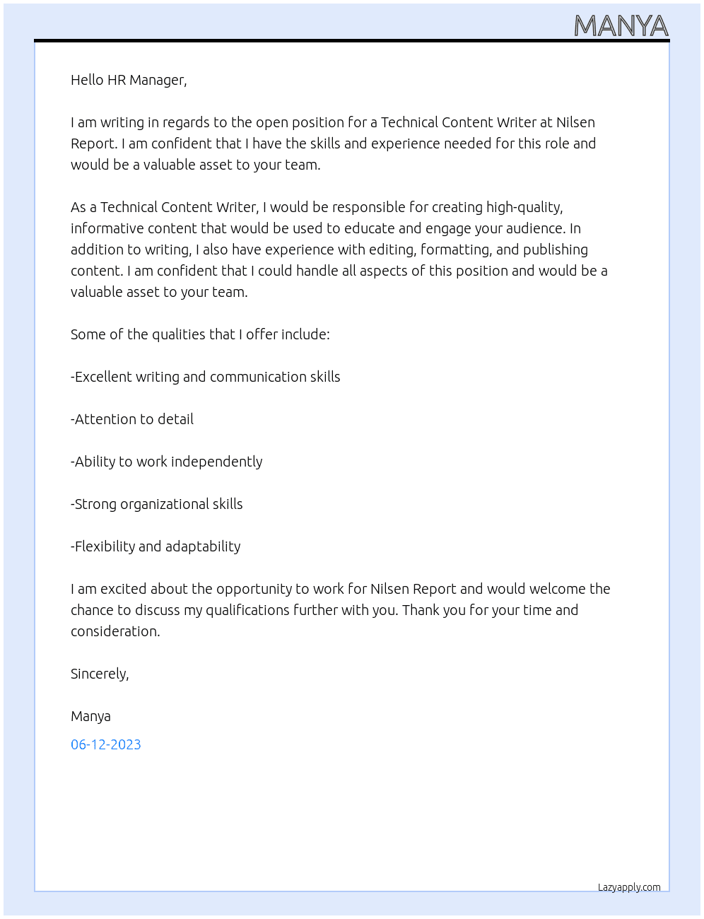 Technical content writer At Nilsen Report Cover Letter