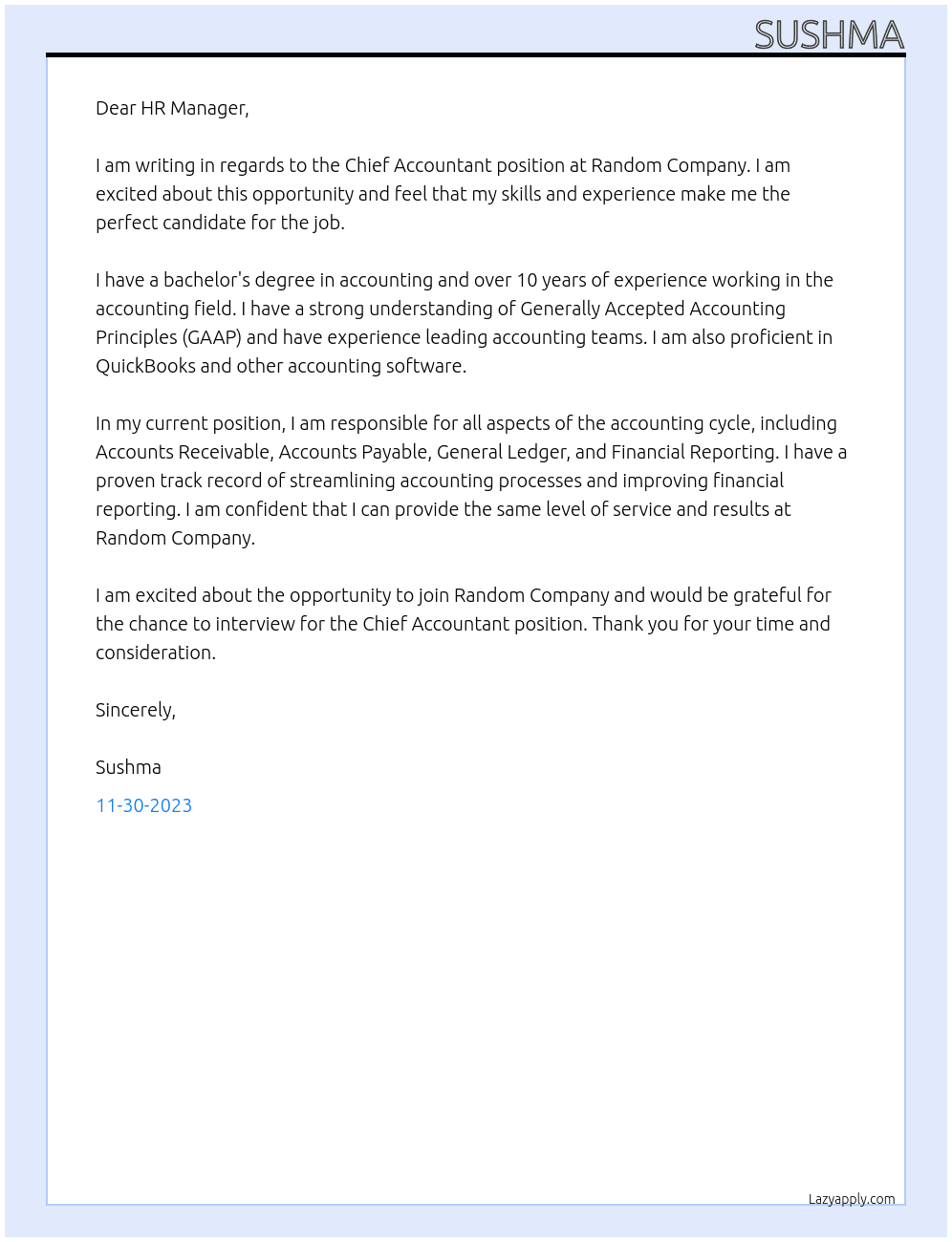 Chief Accountant At Random Company Cover Letter