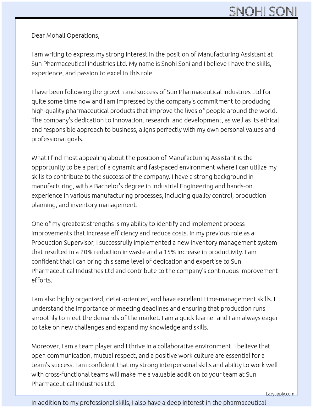 manufacturing assistant  At Sun Pharmaceutical Industries Ltd Cover Letter