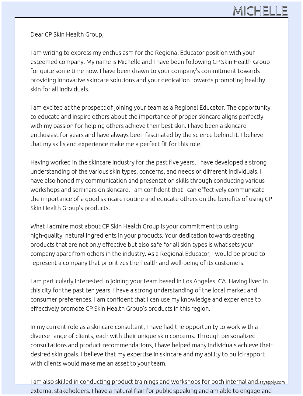 Regional Educator At CP Skin Health Group Cover Letter