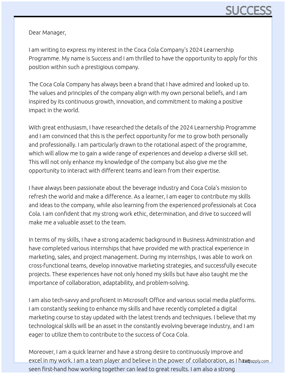 coca cola company At 2024 learnership programme Cover Letter