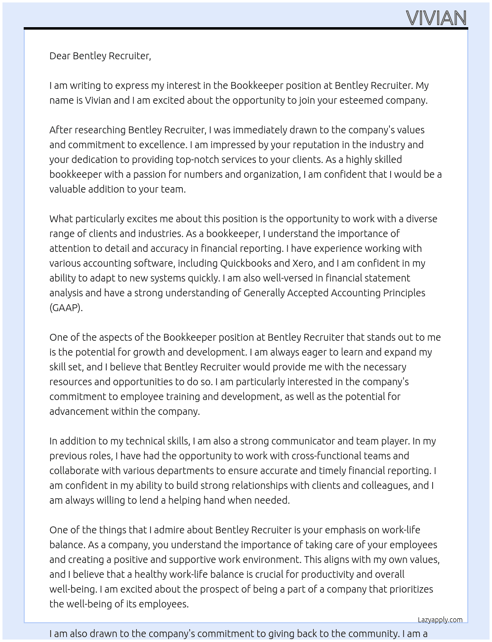 Bookkeeper At Bentley Recruiter Cover Letter