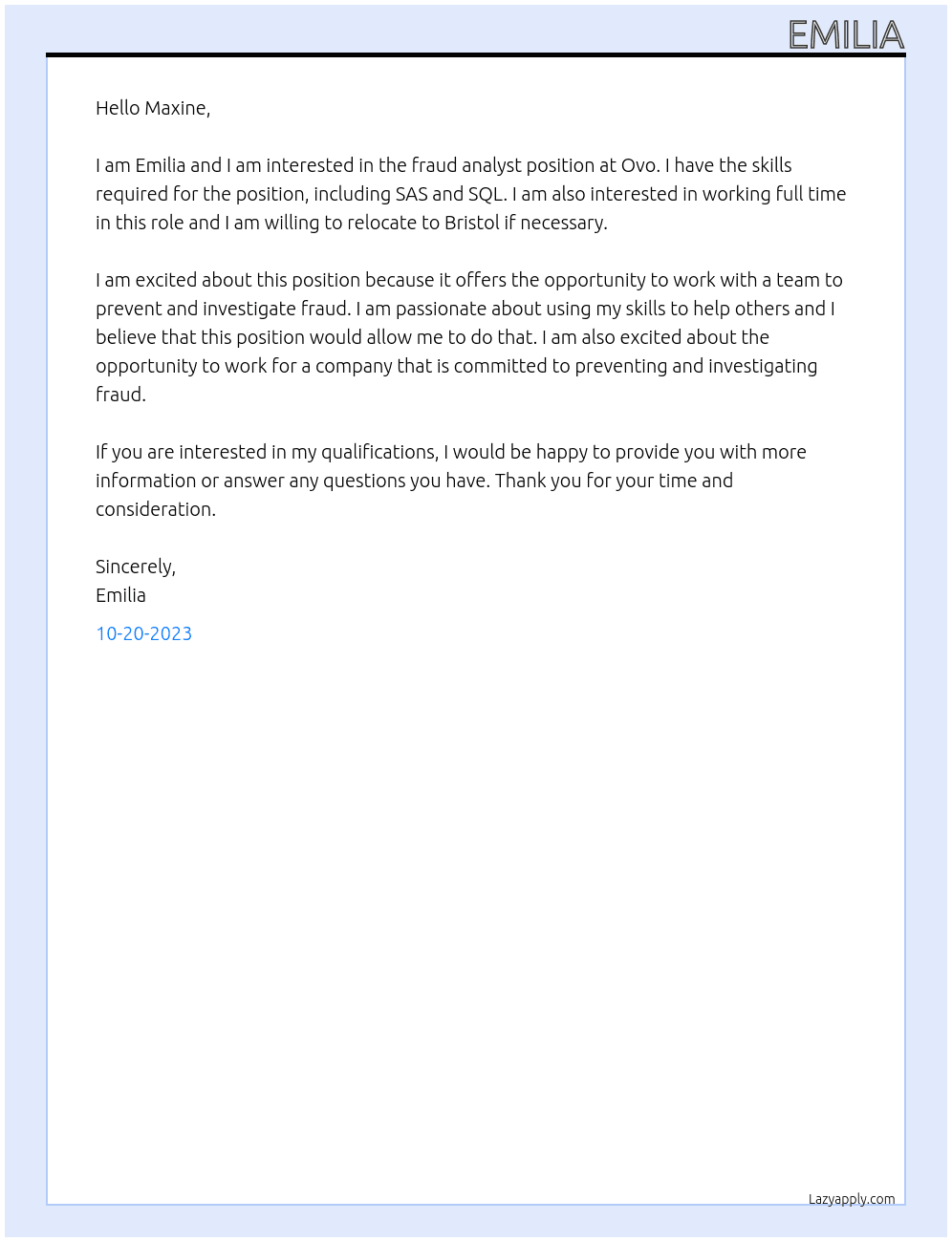 Fraud analyst  At Ovo Cover Letter
