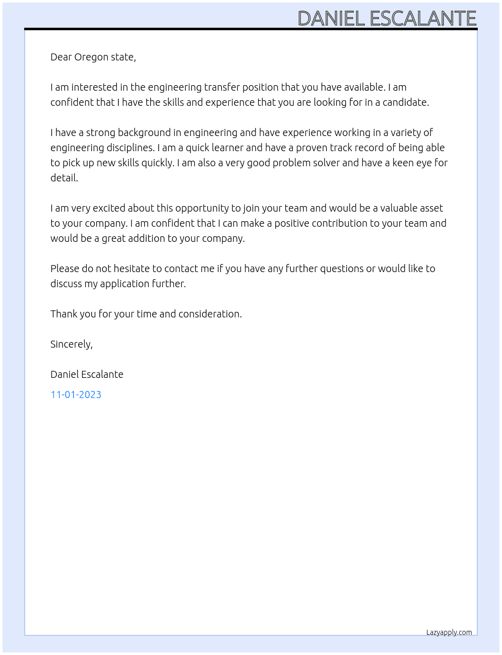 Engineering Tranfer  At Oregon state  Cover Letter