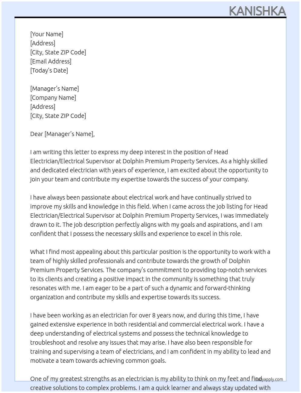 Head Electrician/Electrical Supervisor At Dolphin Premium Property Services Cover Letter