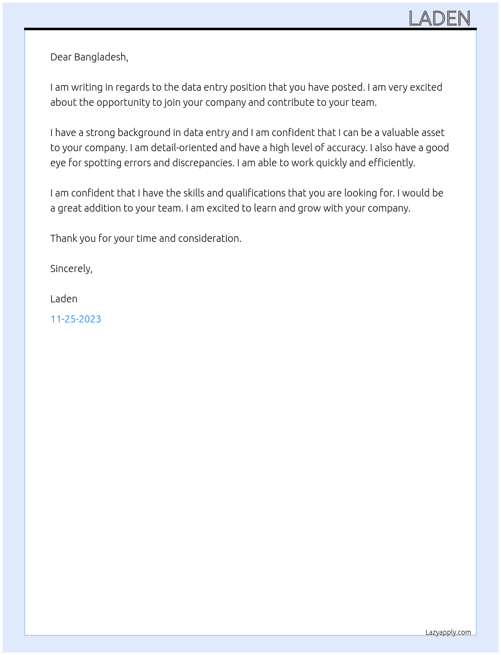 data entry  At Bangladesh  Cover Letter