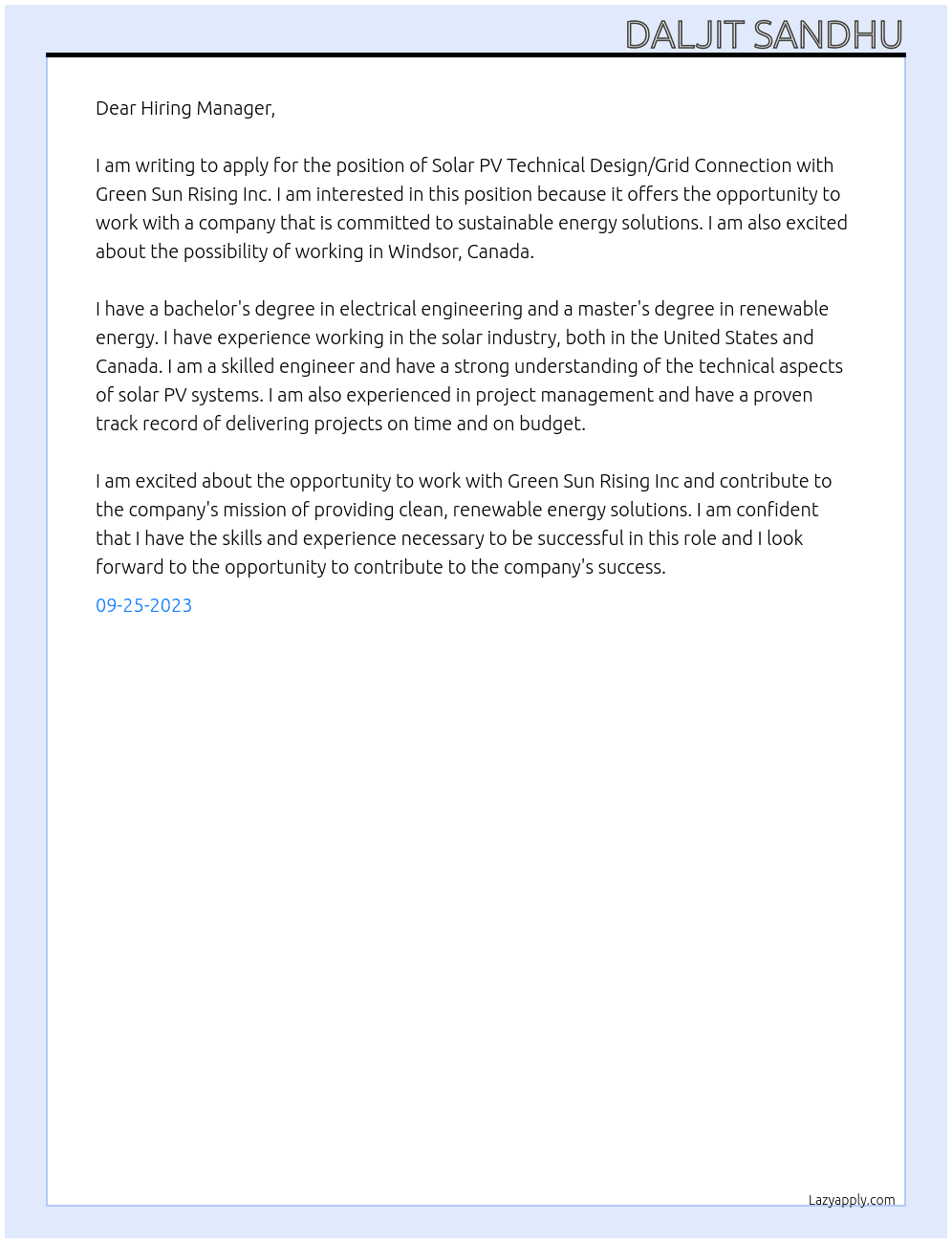 Solar PV Technical Design/Grid Connection At Grren Sun Rising Inc Cover Letter