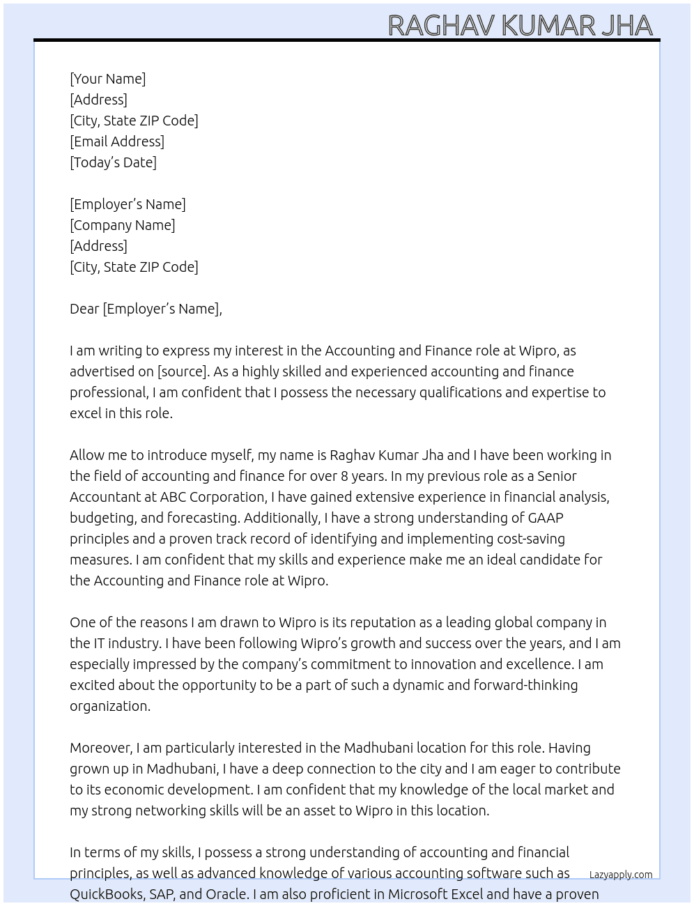 Accounting and finance  At Wipro Cover Letter