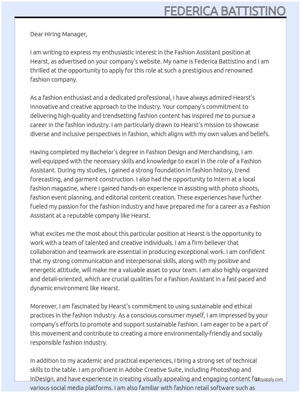 Fashion assistant At Hearst Cover Letter