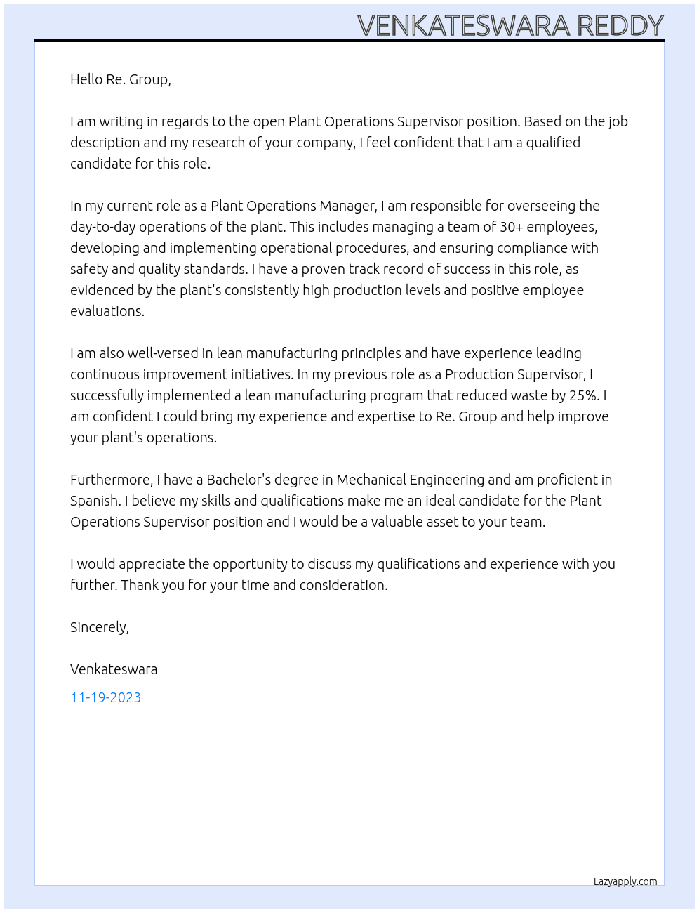 Plant operations supervisor  At Re. Group Cover Letter