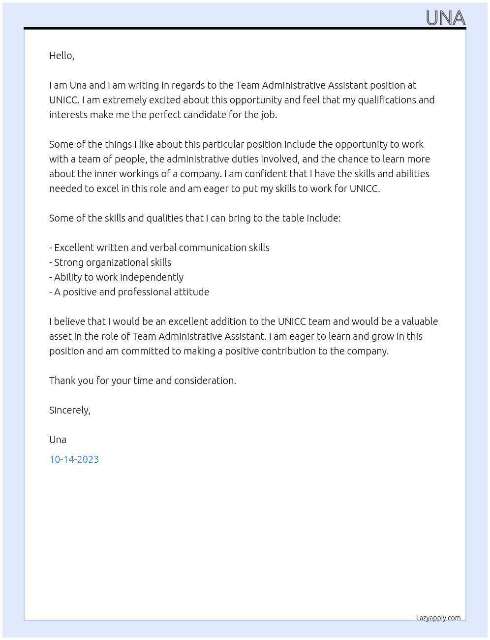 Team Administrative Assistant At UNICC Cover Letter