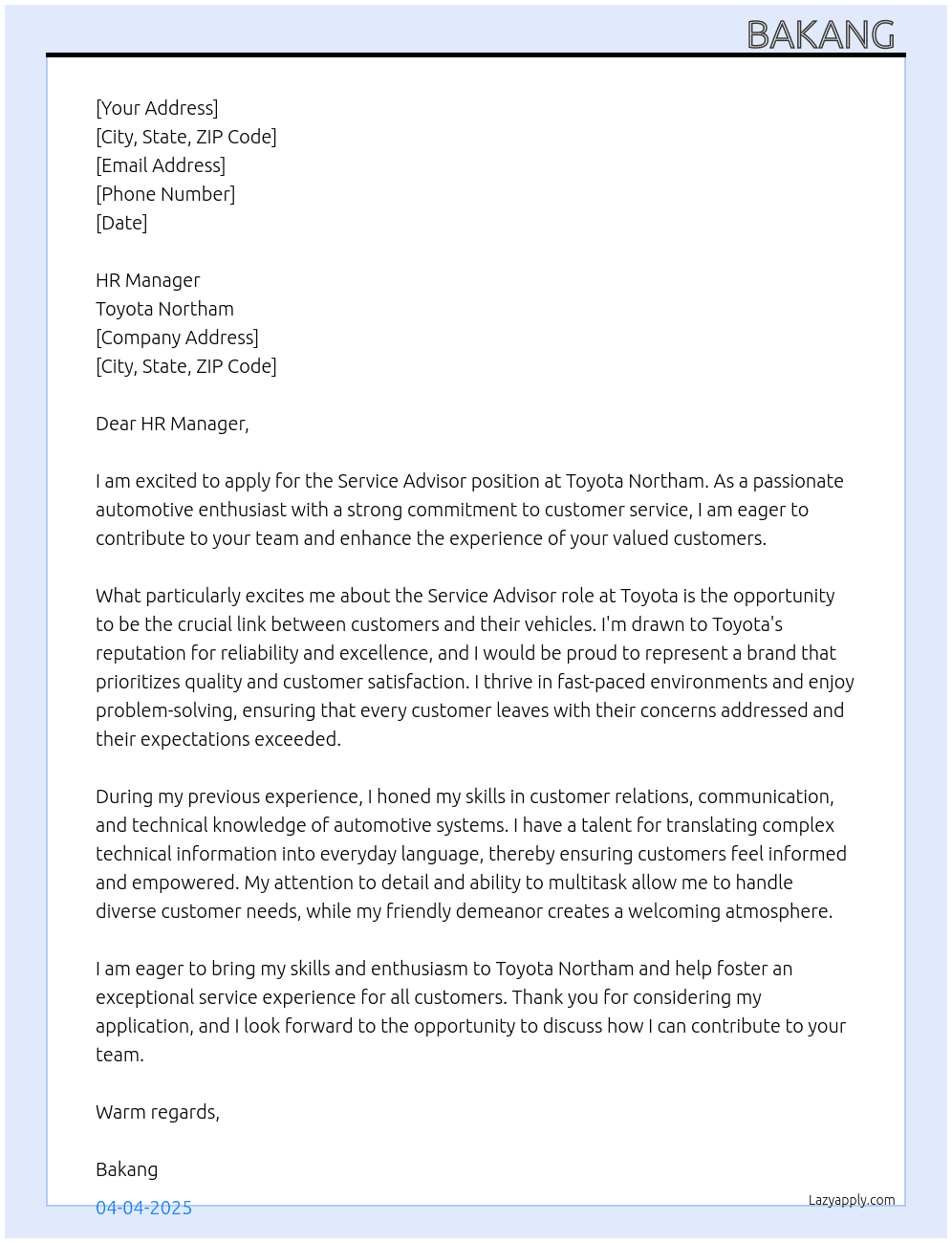Service Advisor At Toyota Northam Cover Letter