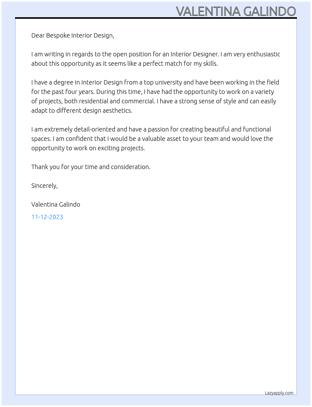 Interior Designer At Bespoke Interior Design Cover Letter