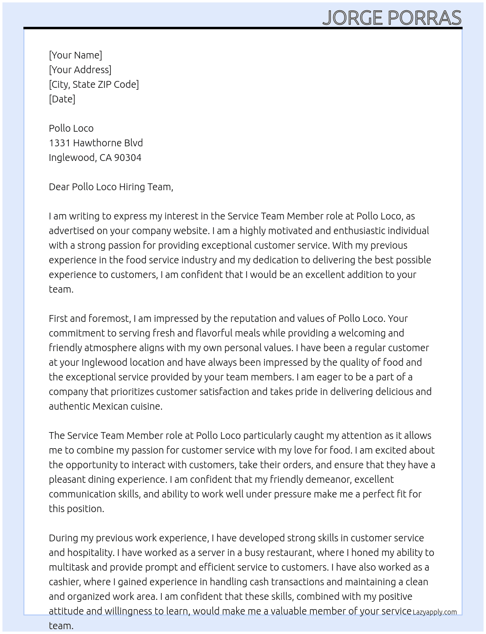  Service Team Member At Pollo Loco Cover Letter