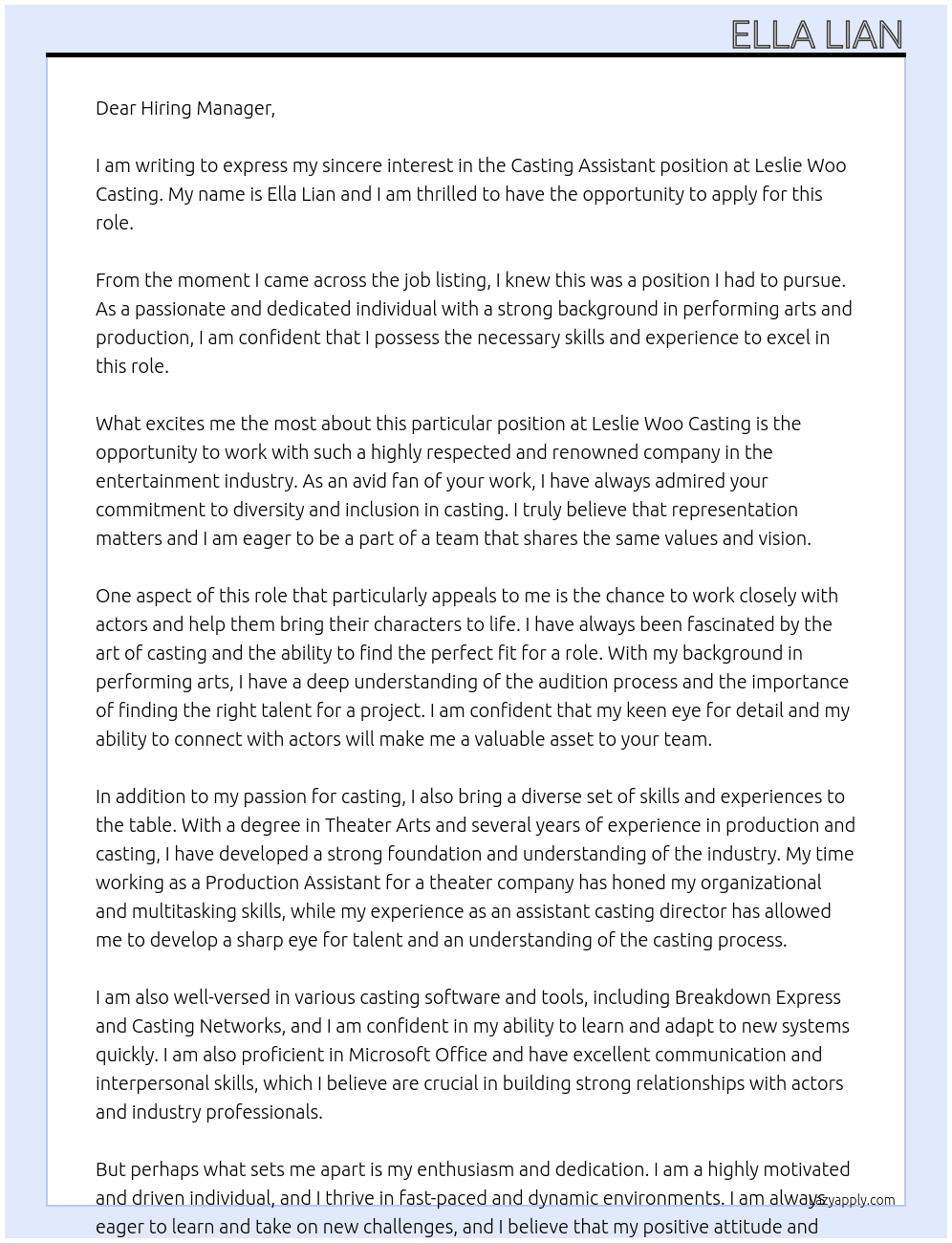 Casting Assistant At Leslie Woo Casting Cover Letter