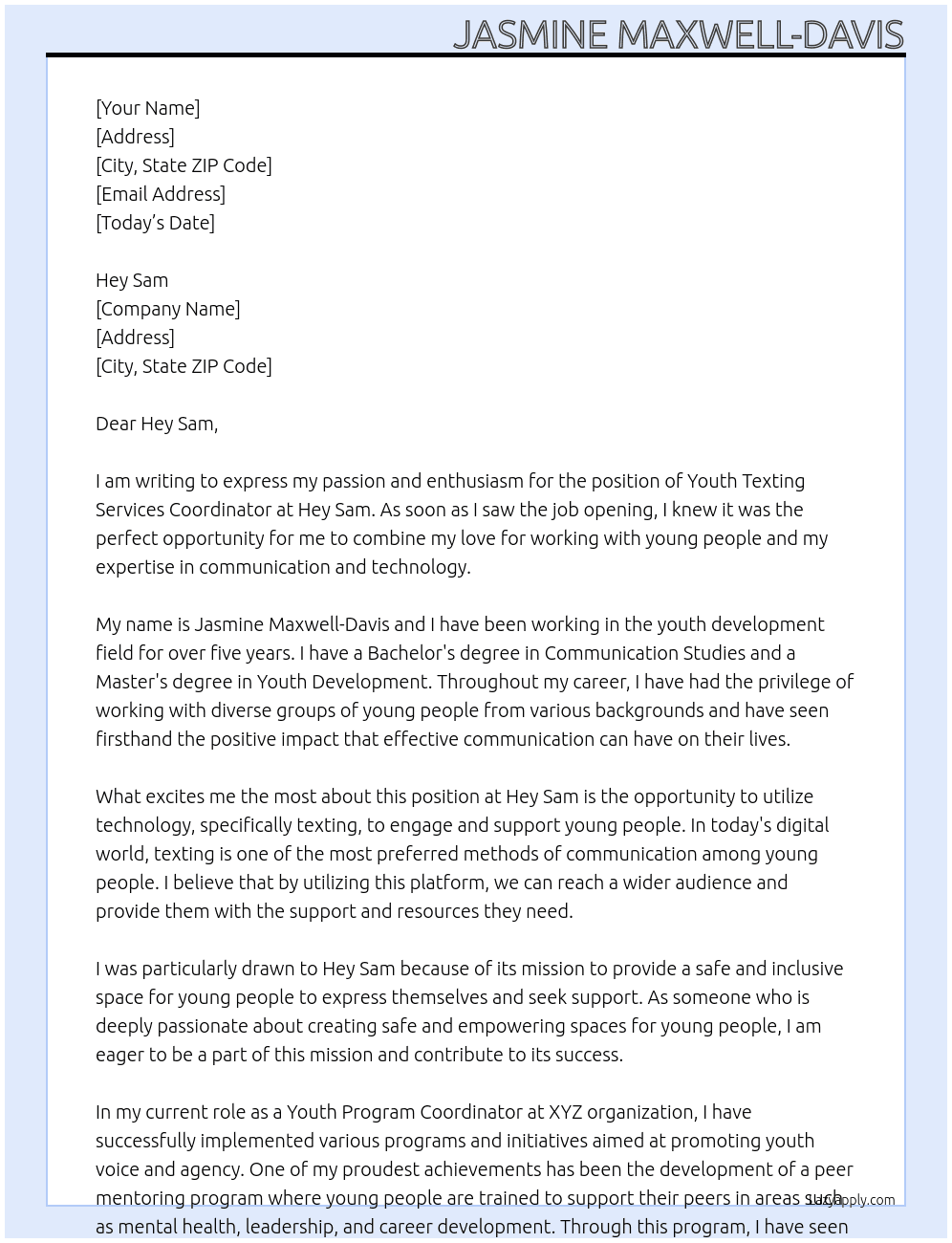 Youth Texting Services Coordinator  At Hey Sam Cover Letter