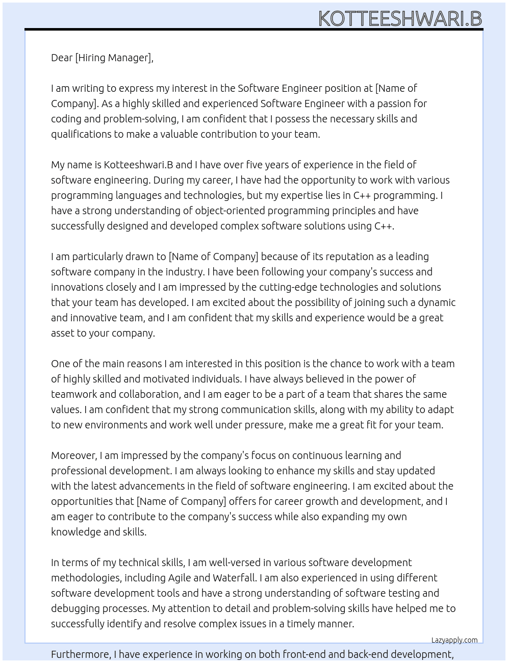 Software engineer  At Software engineer  Cover Letter