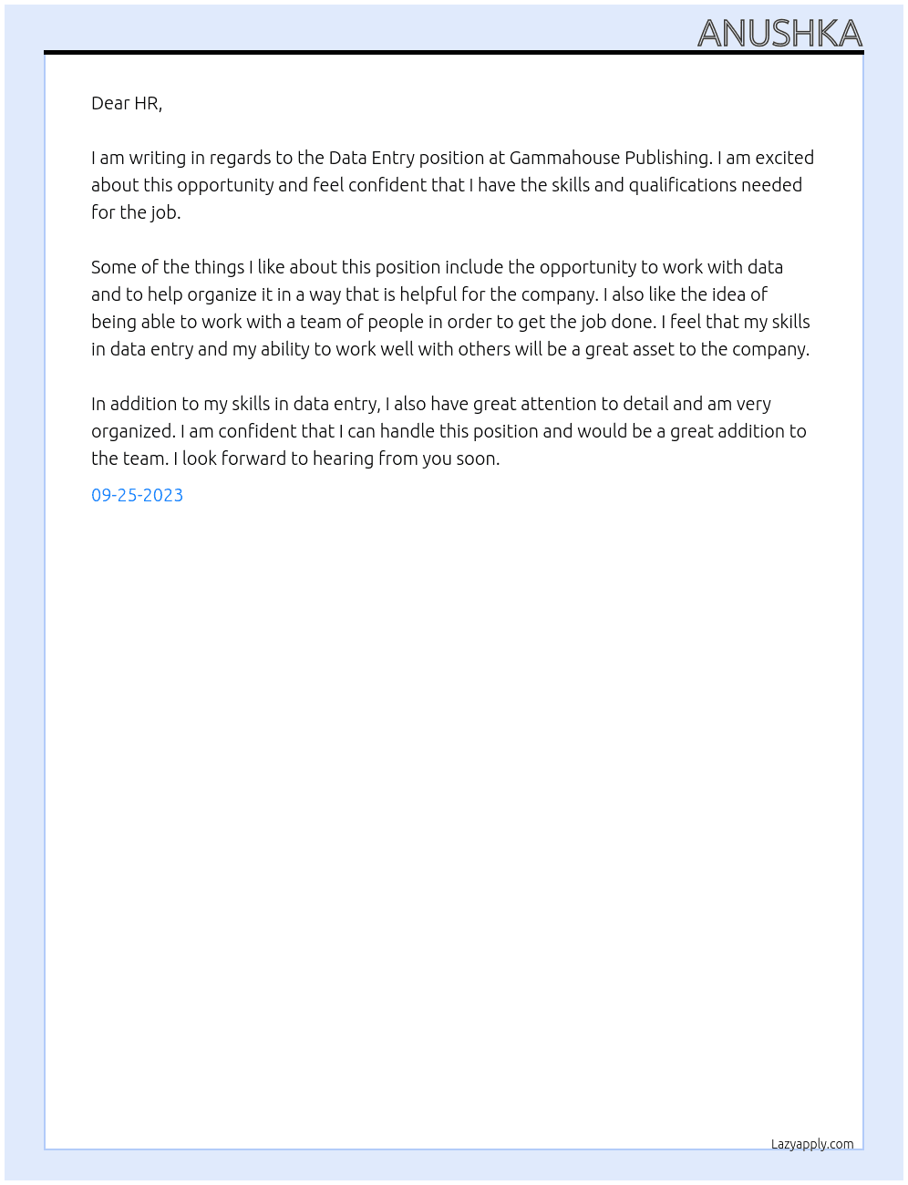Data entry  At Gammahouse Publishing Cover Letter