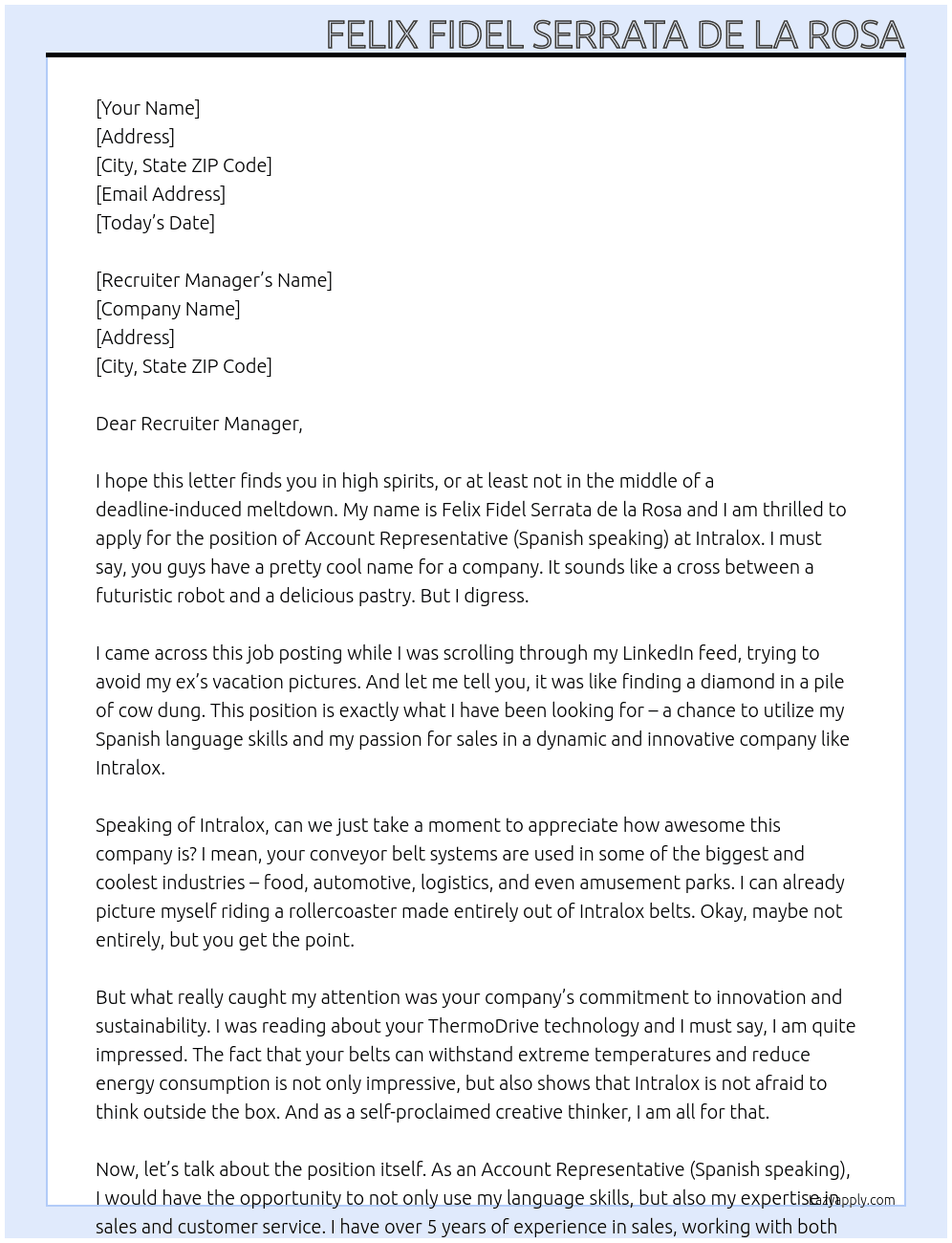 Account Representative (Spanish speaking) At Intralox Cover Letter