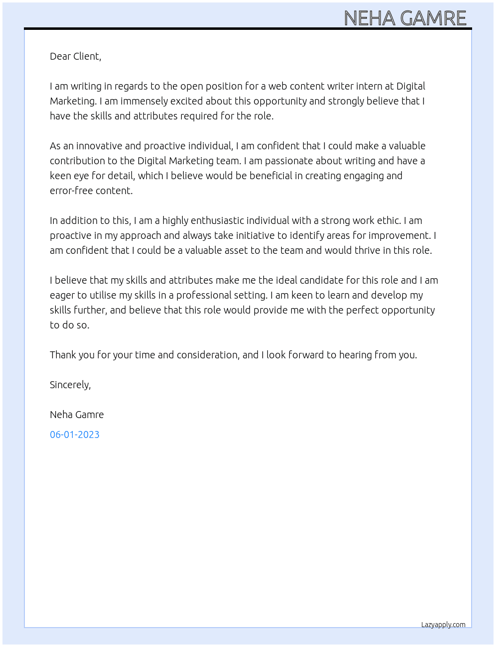 Web content writer intern  At Digital marketing  Cover Letter