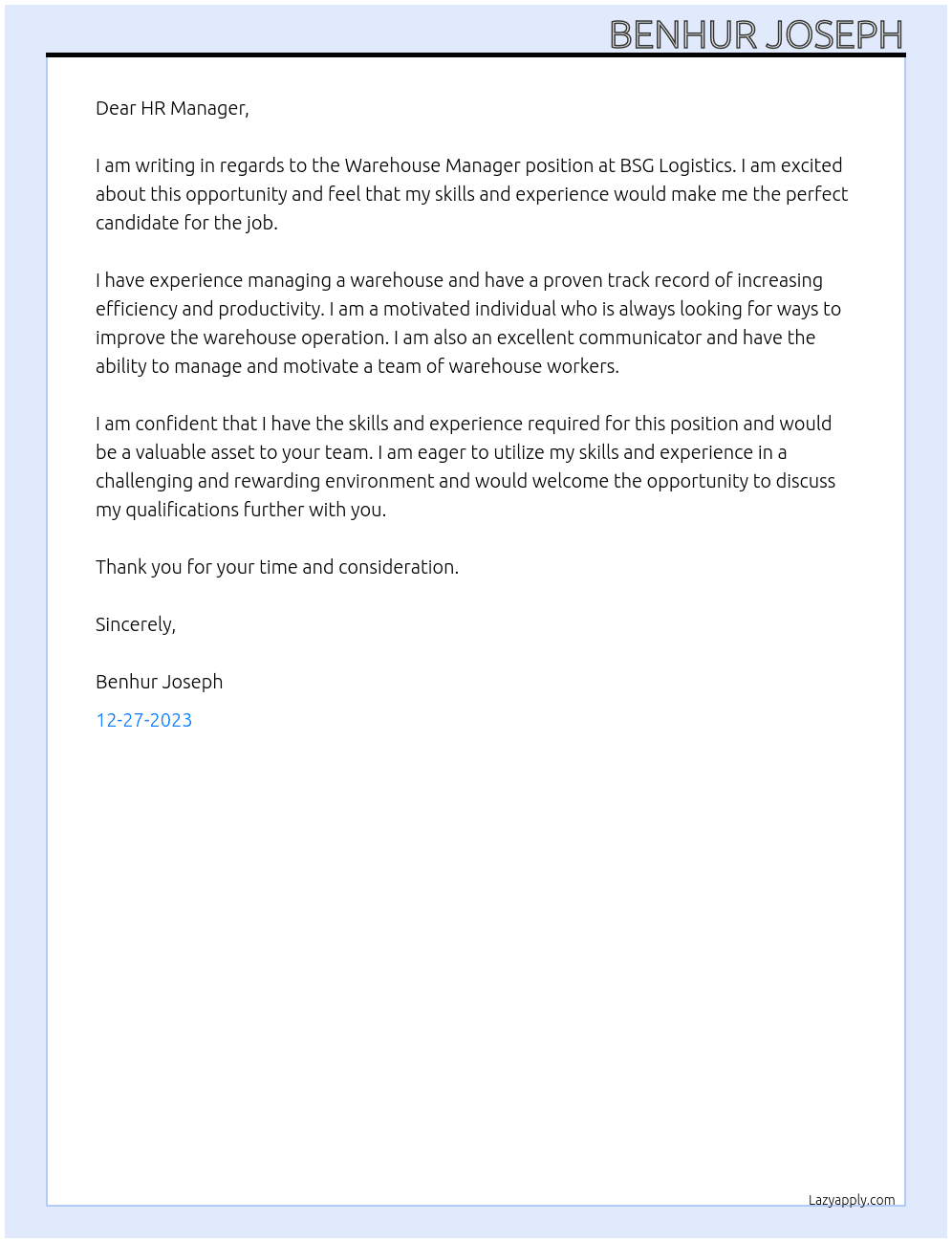 Warehouse Manager At BSG Logistics Cover Letter