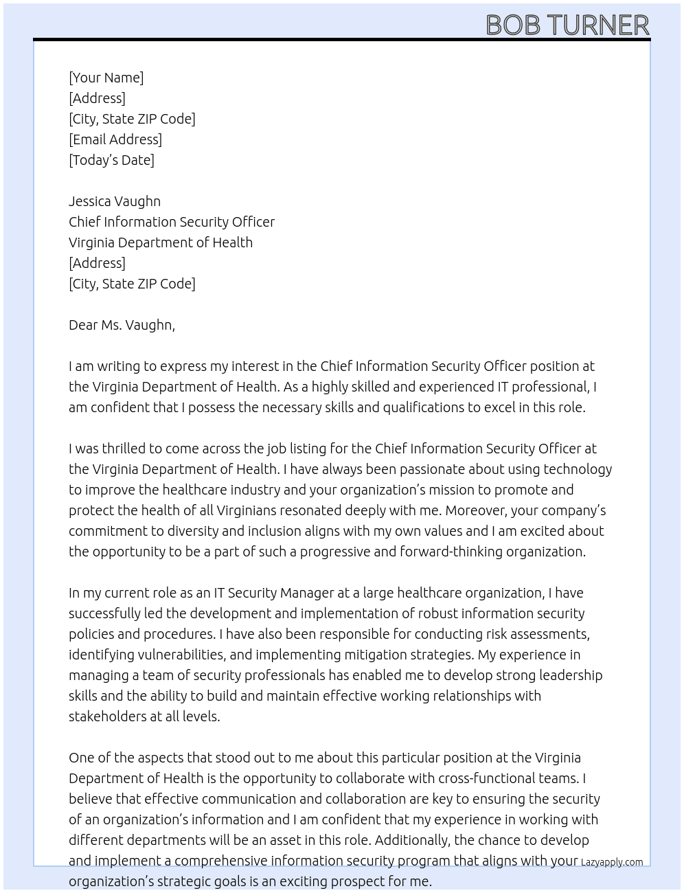 Chief Information Security Officer At Virginia Department pf Health Cover Letter