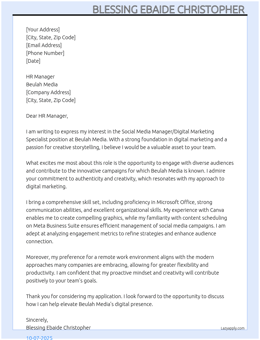 Social media manager/ digital marketing specialist  At Beulah media  Cover Letter