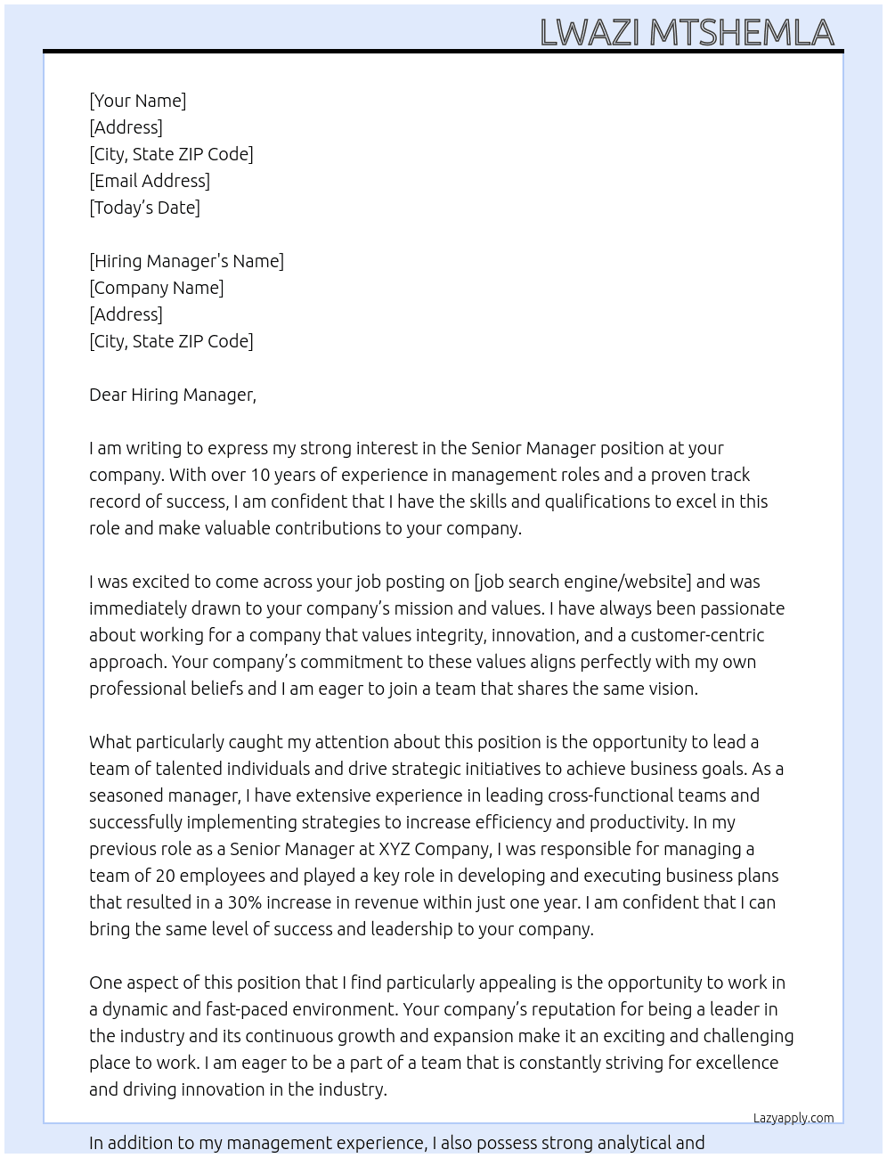 Senior Manager  At  you company Cover Letter
