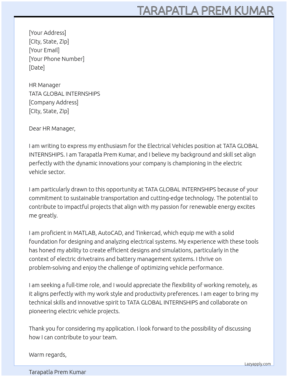 Cover letter for elecrical vehicles - LazyApply