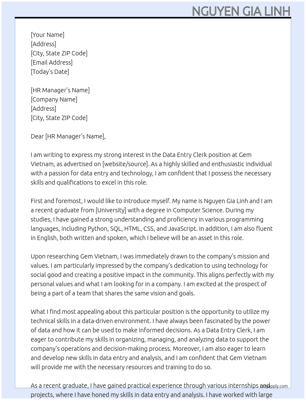 Data Entry Clerk At Gem Vietnam Cover Letter