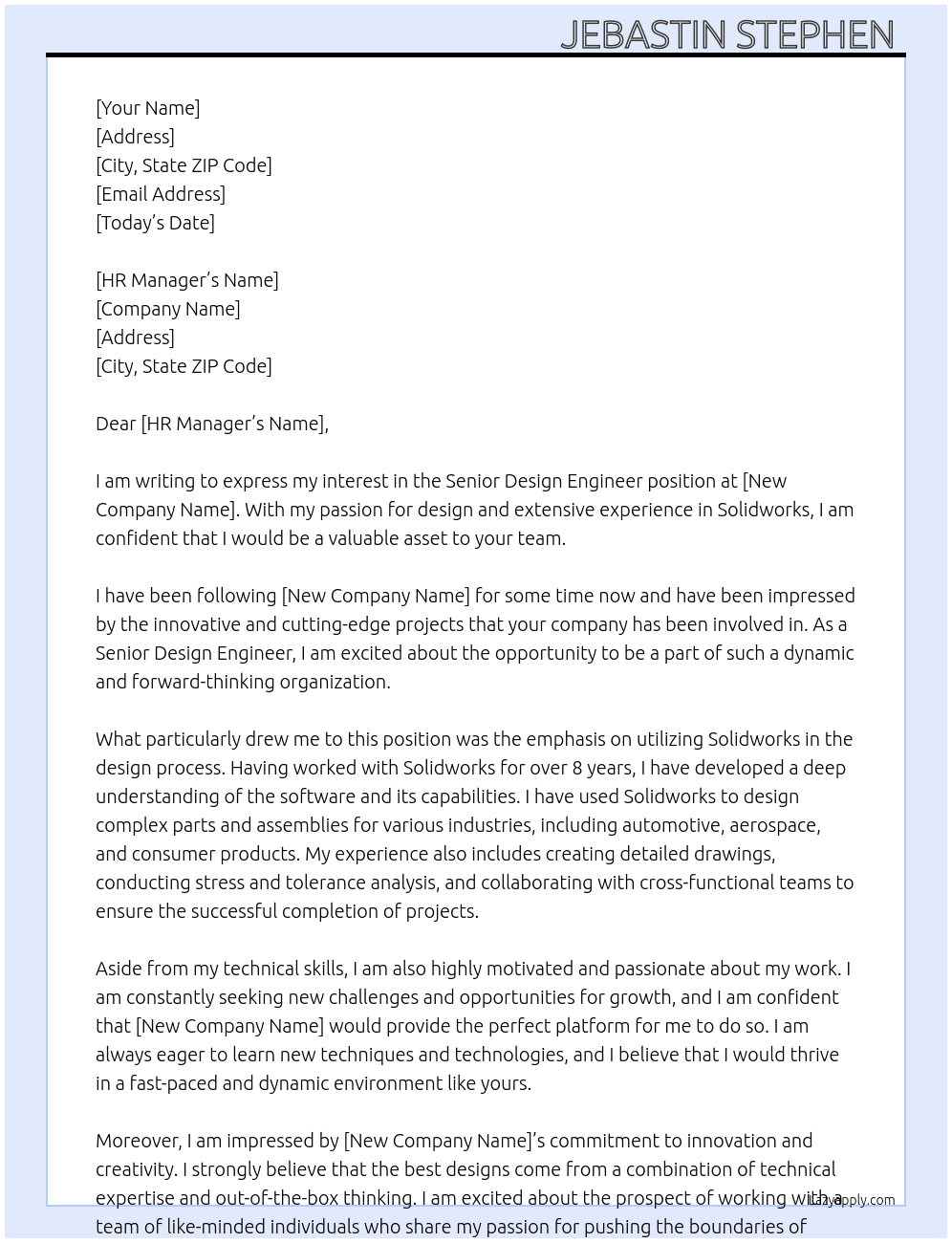 Senior Design Engineer At [New company name] Cover Letter