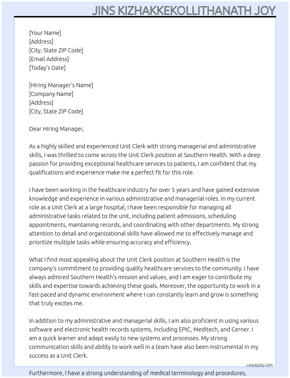 Unit Clerk At Southern Health  Cover Letter