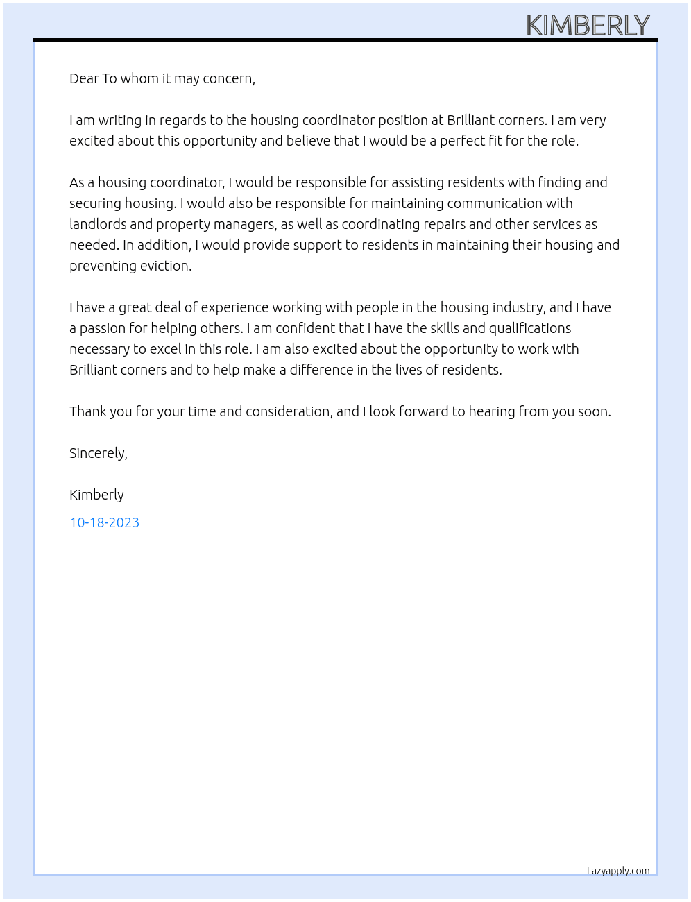 Housing coordinator  At Brilliant corners  Cover Letter