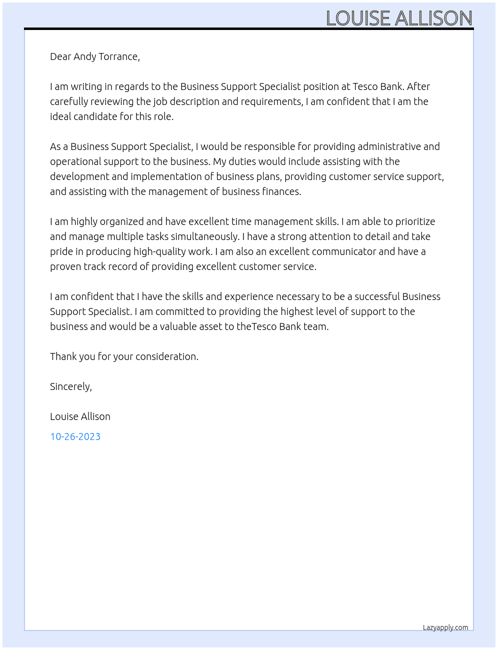Business Support Specialist At Tesco Bank Cover Letter